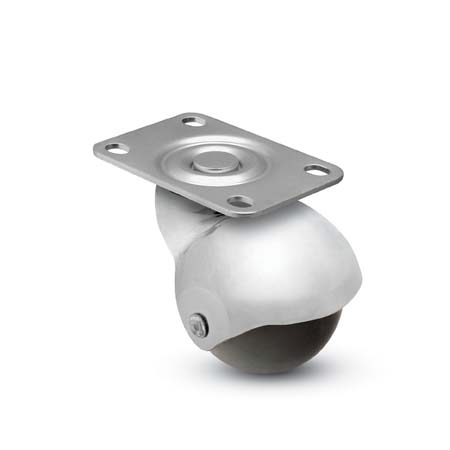 Caster; Spherical; Swivel; 2\"; Polyolefin; Plate; 1-3/16\"x2\"; hole: 13/16\"x1-9/16\"; 3/16\" bolt; Chrome; Bright; Plain bore Brng; 80# (Item #69699)