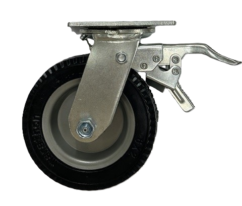 Caster; Swivel; 6\" x 2\"; Flat Free (Black); HD Welded Hub; Plate (4\"x4-1/2\"; holes); Prec Ball Brng; 250#; Sawtooth Tread; Total Lock Brake (Leading) (Item #63136)