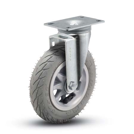 Caster; Swivel; 6\"x1-1/4\"; Flat Free (Grey); Top Plate (2-5/8\"x3-3/4\"; holes: 1-3/4\"x2-3/4\" slotted to 3\"; 5/16\" bolt); Zinc; Ball Brng; 150#; Dustcap (Item #67100)