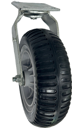 (image for) Caster; Swivel; 10\" x 3\"; Polyurethane Neverflat; Plastic Hub; Plate; 4\"x4-1/2\"; holes: 2-5/8\"x3-5/8\" (slotted to 3\"x3\"); 3/8\" bolt; Zinc; Ball Brng; 250# (Item #68794)