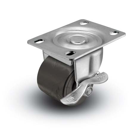 (image for) Caster; Swivel; 2\"x1-13/16\"; Polyolefin; Plate (2-5/8\"x3-3/4\"; holes: 1-3/4\"x2-3/4\" slots to 3\"; 5/16\" bolt); Zinc; Plain bore; 300#; Side friction brake (Item #67142)