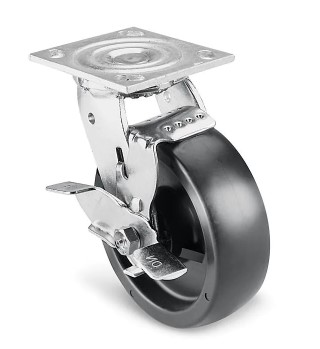 (image for) Caster; Swivel; 4\" x 2\"; Polyolefin; Plate; 4\"x4-1/2\"; holes: 2-5/8\"x3-5/\"8 (slotted to 3\"x3\"); 3/8\" bolt; Zinc; Delrin Spanner; Wgt Cap: 700#; Wheel Brake (Item #65913)