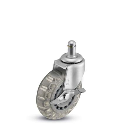 (image for) Caster; Swivel; 3\" x 13/16\"; Polyurethane (Clear); Grip Ring (7/16\" x 1-7/16\"); Zinc; Plain bore; 120#; Side friction brake (Item #63645)