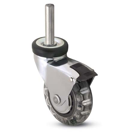 (image for) Caster; Swivel; 3\" x 15/16\"; Polyurethane (Clear); Threaded Stem (3/8\"-16TPI x 1-1/2\"); Chrome; Precision Ball Brng; 120#; Hood; Thread guards; Pedal Brake (Item #63789)