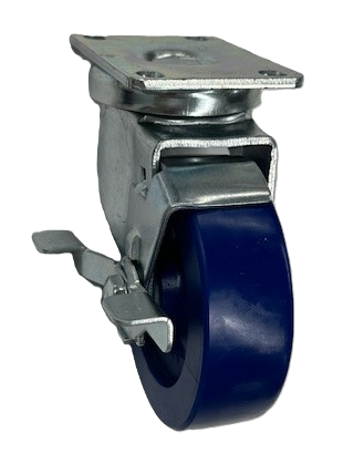 Caster; Swivel; 4\" x 1-1/4\"; Polyurethane (Solid); Plate (2-5/8\"x3-3/4\"; holes: 1-3/4\"x2-3/4\" slots to 3\"; 5/16\" bolt); Zinc; 300#; Dust Cover; Brake (Item #63900)
