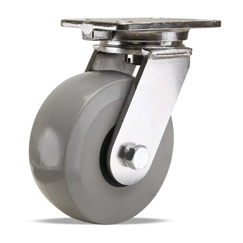 (image for) Caster; Swivel; 8\" x 3\"; Polyurethane (Gray); Plate (4-1/2\"x6-1/4\"; holes: 2-7/16\"x4-15/16\" slotted to 3-3/8\"x5-1/4\"; 1/2\" bolt); Zinc; Sealed Prec BB; 2400# (Item #66215)