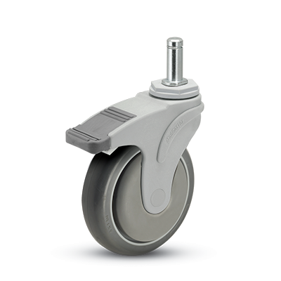 Caster; Swivel; 3\" x 1-1/4\"; PolyU on PolyO (Gray); Grip Ring (7/16\" x 1-7/16\"); Nylon (Gray); Prec Ball Brngs; 200#; Thread guards; Total Lock (Item #63300)