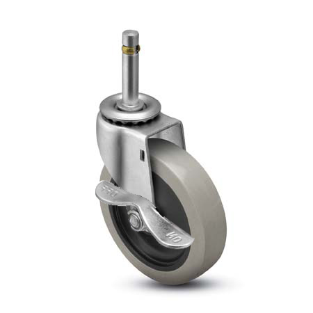 Caster; Swivel; 3\"x13/16\"; PolyU on PolyO (Gray); Grip Ring; 7/16\"x7/8\"; Zinc; Plain bore; 120#; Side friction brake (Item #67466)