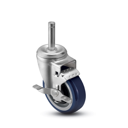 Caster; Swivel; 3\" x 1-1/4\"; PolyU on PolyO (Blue); Grip Ring (7/16\" x 1-1/4\"); Zinc; Ball Brng; 250#; Tread brake; Bearing Cover (Item #66333)