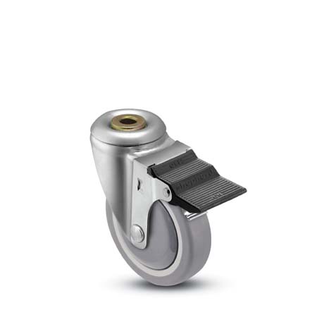 Caster; Swivel; 4\"x1-1/4\"; PolyU on PolyO (Gray); Hollow Kingpin (1/2 bolt); Zinc; Prec Ball Brng; 300#; Pedal Wheel Brake; Bearing Covers (Item #67365)
