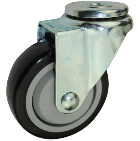 (image for) Caster; Swivel; 4\" x 1-1/4\"; PolyU on PolyO (Black); Hollow Kingpin (1/2\" bolt hole); Zinc; Plain bore; 250#; Dust Cover (Mtl) (Item #64896)
