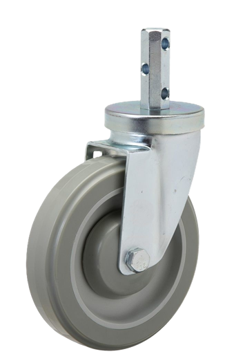 Caster; Swivel; 5\" x 1-1/4\"; PolyU on PolyO (Gray/Beige); Octagonal Stem; 7/8\"x2\" (three 5/16\" cross drilled holes); Zinc; Precision Ball Brng; 300# (Item #67671)