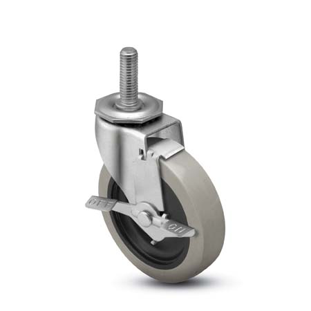 Caster; Swivel; 3\" x 13/16\"; PolyU on PolyO (Gray); Threaded Stem (5/16\"-18TPI x 1\"); Zinc; Plain bore; 120#; Side friction brake (Item #64203)