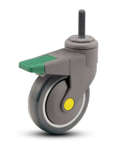 Caster; Swivel; 4\" x 1-1/4\"; Conductive PolyU; Threaded Stem (1/2\"-13TPI x 3/4\"); Nylon Rig; Prec Ball Brng; 220#; ESD; Thread guards; Total Pedal Brake (Item #66400)