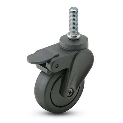 Caster; Swivel; 3\" x 15/16\"; Black PolyU on PolyO; Threaded Stem (3/8\"-16TPI x 3/4\"); Black GFN Rig; Delrin Bushing; 120#; Thread guards; Pedal Brake (Item #64660)