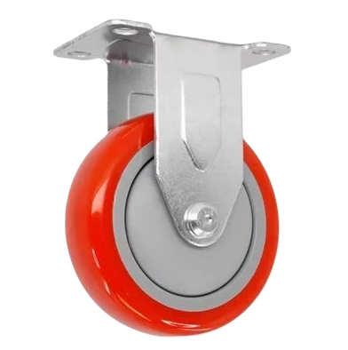 (image for) Caster; Rigid; 4\" x 1-1/4\"; PolyU on PolyO (Red); Plate (2-1/2\"x3-5/8\"; holes: 1-3/4\"x2-7/8\" slots to 3\"; 5/16\" bolt); Prec Ball Brngs; 300#; TG (Item #63232)