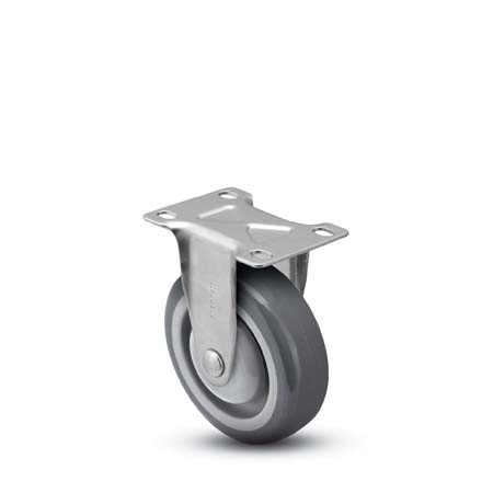 (image for) Caster; Rigid; 4\" x 1-1/4\"; PolyU on PolyO (Gray); Plate (2-5/8\"x3-3/4\"; holes: 1-3/4\"x2-3/4\" slots to 3\"; 5/16\" bolt); Zinc; Prec Ball Brng; 300#; Bearing Caps (Item #65089)