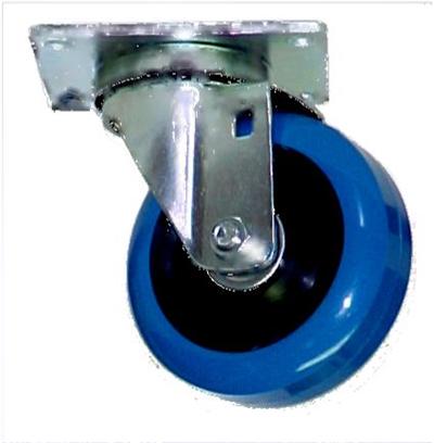 Caster; Swivel; 2\" x 1\"; PolyU on PolyO (Blue); Plate (1-3/4\" x 3\"; holes: 1\" x 2-1/4\"; 1/4\" bolt); Zinc; Prec Ball Brngs; 150# (Item #63190)