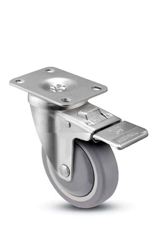 (image for) Caster; Swivel; 4\" x 1-1/4\"; PolyU on PolyO (Gray); Plate (2-5/8\"x3-3/4\"; holes: 1-3/4\"x2-3/4\" slots to 3\"; 5/16\" bolt); Prec Ball Brng; 315#; TG; Total Lock (Item #63644)