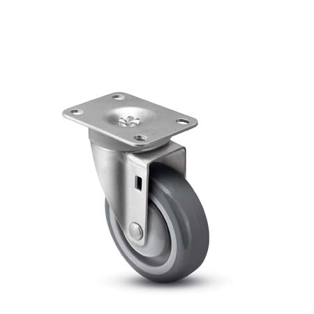 (image for) Caster; Swivel; 5\" x 1-1/4\"; PolyU on PolyO (Gray); Plate (3-1/8\"x4-1/8\"; holes: 1-3/4\"x3\" slots to 2-3/8\"x3-3/8\"; 3/8\" bolt); Zinc; Ball Brng; 300#; Dust Cover (Item #63679)