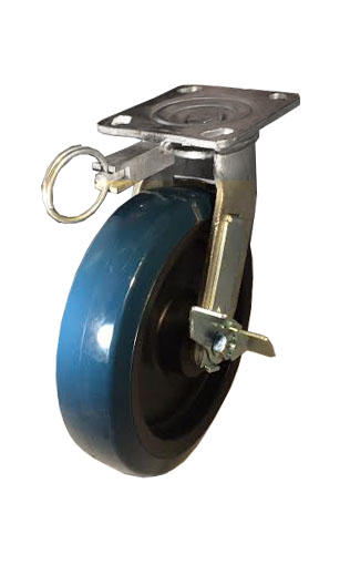 (image for) Caster; Swivel; 5\" x 2\"; PolyU on PolyO (Blue); Plate; 4\"x4-1/2\"; holes: 2-5/8\"x3-5/8\" (slots o 3\"x3\"); 3/8\" bolt; Zinc; Roller Brng; 900#; Pos Lck; Whl Lck (Item #69373)