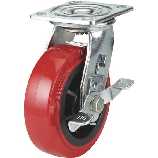 (image for) Caster; Swivel; 5\" x 2\"; PolyU on PolyO (Red/ Black); Plate; 4\"x4-1/2\"; holes: 2-5/8\"x3-5/8\" (slotted to 3\"x3\"); 3/8\" bolt; Zinc; Roller Brng; 750#; Wheel Brake (Item #67821)