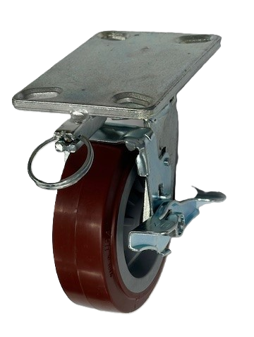 (image for) Caster; Swivel; 5" x 2"; PolyU on PolyO (Blue); Plate; 4"x4-1/2"; holes: 2-5/8"x3-5/8" (slots o 3"x3"); 3/8" bolt; Zinc; Roller Brng; 900#; Pos Lck; Whl Lck (Item #69373)