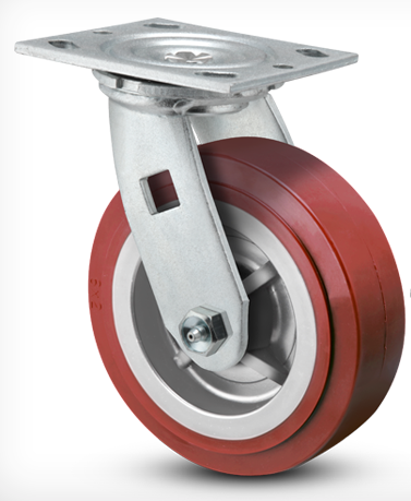 (image for) Caster; Swivel; 5\" x 2\"; Red PolyU on PolyO; Plate; 4\"x4-1/2\"; holes: 2-5/8\"x3-5/8\" (slotted to 3\"x3\"); 3/8\" bolt; Zinc; Roller Brng; 700# (Item #67602)
