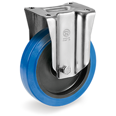 (image for) Caster; Rigid; 5" x 1-1/2"; Elastic Rubber Wheel (Blue); Plate (85mm x 100mm: holes: 60mmx80mm; 9mm bolt); Galv Steel Yoke; Ball Brng; 440# (Item #64365)