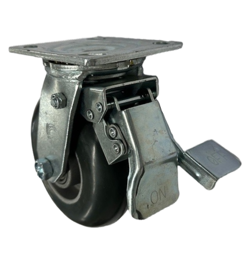 Caster; Swivel; 6\" x 2\"; Donut Rubber on Alum; Plate; 4\"x4-1/2\"; holes: 2-5/8\"x3-5/8\" (slots to 3\"x3\"); 3/8\" bolt; Roller Brng; 400#; Leading Total Lock Brake (Item #63880)