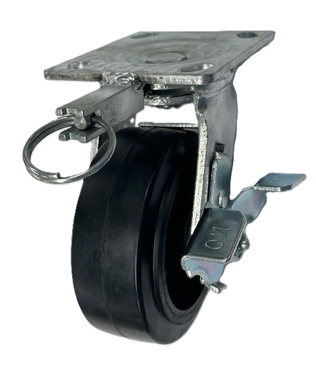 Caster; Swiv; 10\" x 2-1/2\"; Rbr on Cast; Plt (4-1/2\"x6-1/4\"; holes: 2-7/16\"x4-15/16\" slotted to 3-3/8\"x5-1/4\"; 1/2\" blt); Zinc; Rlr Brng; 1000#; Brake; Pos.Lock (Item #62871)