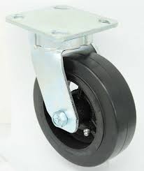 Caster; Swivel; 8" x 3"; Rubber on Cast Iron; Plate (4-1/2"x6-1/4"); Tapered Rlr Brng; 1000#; Kingpinless; Tread Brake (Item #62788)