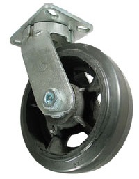 Caster; Swivel; 8" x 3"; Rubber-on-Cast-Iron; Plate (5-1/4"x7-1/4"; holes: 3-3/8"x5-1/4" slots to 4-1/8"x6-1/8"; 1/2" bolt); Roller Brng; 900#; Kingpinless (Item #64922)