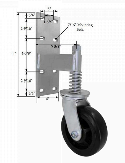 (image for) Spring Loaded Gate Swivel Caster; 6\" x 2\"; Rubber on Cast Iron; Bracket (11\"x4\"; 8 holes 1-3/4\" (slotted to 3\") x 9-1/2\"; 7/16\" bolt); Zinc; Roller Brng; 500# (Item #62937)