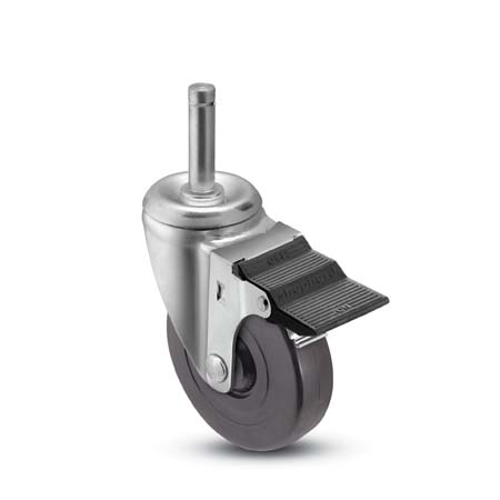 Caster; Swivel; 5\" x 1-1/4\"; Rubber (Hard; Non-marking); Grip Ring (7/16\" x 1-1/4\"); Zinc; Plain bore; 280#; Dust Cover (Mtl); Pedal Brake (Item #64527)