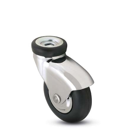 Caster; Swivel; 2\" x 1\"; Rubber (Soft; non-marking); Hollow Kingpin (3/8\" bolt hole); Chrome; Prec Ball Brngs; 125#; Thread guards (Item #63365)