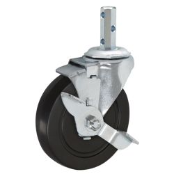 Caster; Swivel; 4" x 1-1/4"; Rubber; Hard; Octagonal; 3/4"x2-1/8"; 3 cross drilled holes; Zinc; Nylon Brng; 275#; Wheel Brake (Item #64511)