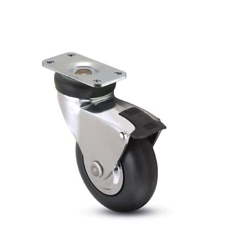 (image for) Caster; Std; Swiv; 3\" x 15/16\"; Rubber; Soft; Plate; 1-1/4\"x2-3/8\"; holes: 13/16\"x1-1/4\"; 3/16\" bolt; Chrome; Prec Ball Brng; Hooded; Brake; Thread Guards; 110# (Item #65775)