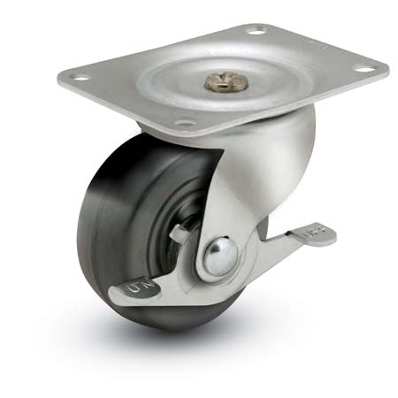 (image for) Caster; Swivel; 2\" x 15/16\"; Rubber (Soft; non-marking); Plate (1-7/8\" x 2-9/16\"; holes: 15/16\" x 2-1/8\"; 1/4\" bolt); Zinc; Plain bore; 90#; Side friction brake (Item #64154)