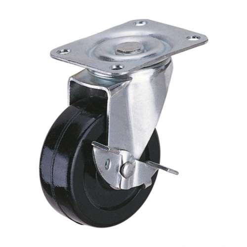 Caster; Swivel; 3\" x 1-1/4\"; Rubber (Soft; non-marking); Plate (2-5/8\"x3-3/4\"; holes: 1-3/4\"x2-3/4\" slots to 3\"; 5/16\" bolt); Zinc; Plain bore; 150#; Brake (Item #63506)