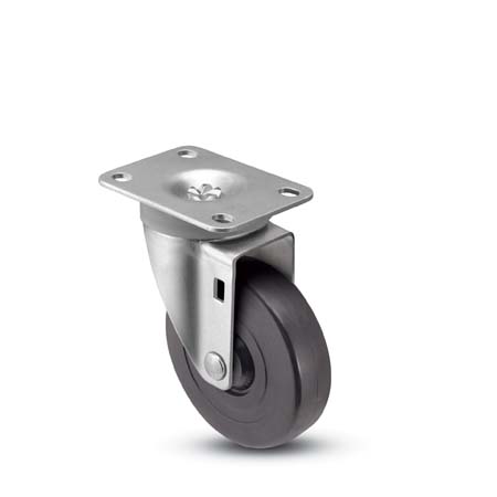 Caster; Swivel; 5\" x 1-1/4; Rubber (Hard; Non-Marking); Plate; 2-5/8x3-3/4; hole spacing: 1-3/4x2-3/4 (slotted to 3); 5/16 bolt; Zinc; Plain bore; 280#; Dustcap (Item #65222)