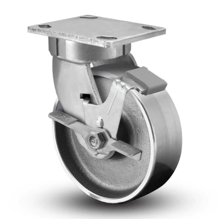 (image for) Caster; Swivel; 8x2; Cast Iron; Top Plate (4x4-1/2; holes: 2-5/8x3-5/8 slotted to 3x3; 3/8 bolt); Zinc; Roller Brng; 1200#; Top lock brake; Kingpinless (Item #67341)