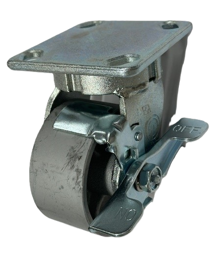 Caster; Swivel; 4\" x 2\"; Cast Iron; Plate (4\"x4-1/2\"; holes: 2-5/8\"x3-5/8\" slots to 3\"x3\"; 3/8\" bolt); Zinc; Roller Brng; 1000#; Kingpinless; Tread brake (Item #68750)