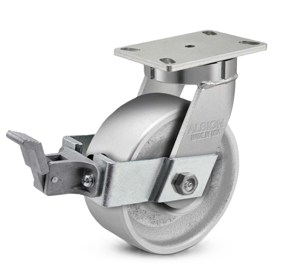 (image for) Caster; Swivel; 6\" x 3\"; Cast Iron; Plate (5-1/4\"x7-1/4\"; holes: 3-3/8\"x5-1/4\" slots to 4-1/8\"x6-1/8\"); Roller Brng; 2500#; Kingpinless; Seal; Face Brake (Item #62989)