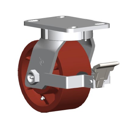 (image for) Caster; Swivel; 6\" x 3\"; Ductile Steel; Plate; 5-1/4x7-1/4; holes: 3-3/8x5-1/4 (slots to 4-1/8x6-1/8); 1/2 bolt; Tapered Brng; 7000#; Face Brake; Kpinless (Item #67687)