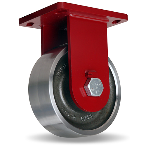 (image for) Caster; Rigid; 8\" x 3\"; Steel (Forged); Plate; 6-1/2\"x7-1/2\": holes: 5-1/8\"x5-3/4\" (slots to 3-7/8\"x6-1/4\"); 1/2\" bolt; Painted; Prec Tapered Brng; 10000# (Item #63708)