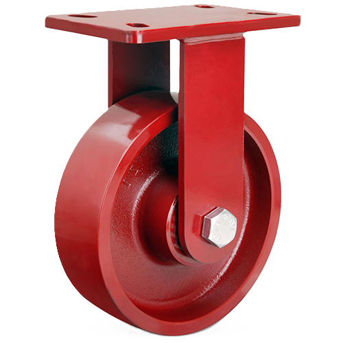 (image for) Caster; Rigid; 6\" x 2-1/2\"; Cast Iron; Plate (4-1/2\"x6-1/4\"; holes: 2-7/16\"x4-15/16\" slotted to 3-3/8\"x5-1/4\"; 1/2\" bolt); Red Yoke; Roller Brng; 2200# (Item #62950)
