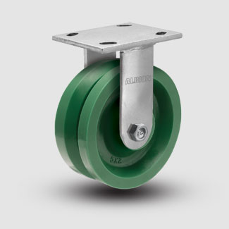 (image for) Caster; Rigid; 4\" x 2\"; V Groove (7/8\") Polyurethane; Plate (4\"x4-1/2\"; holes: 2-5/8\"x3-5/8\" slots to 3\"x3\"; 3/8 bolt); Roller Brng; 350#; USA-Made; Warranty (Item #66759)