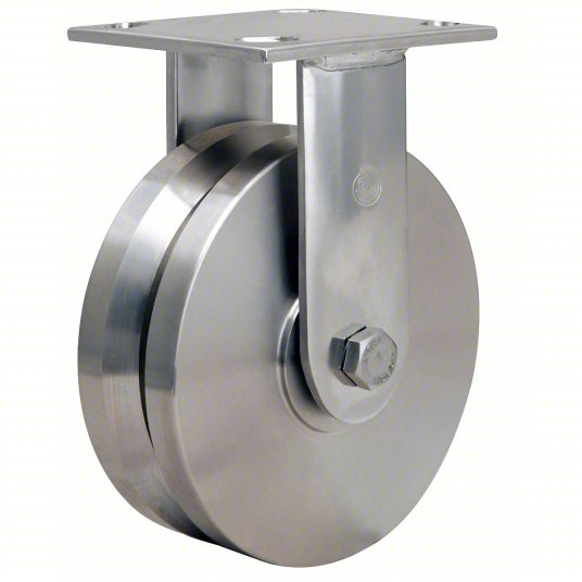 Caster; Rigid; 12\" x 4\"; V-Groove (1-3/4\") Drop Forged 1045 Steel; Plate (8-1/2\"x8-1/2\"; holes: 7\"x7\"; 5/8\" bolt); Zinc; Plain bore; 8000#; High Temp; 800 F (Item #63186)