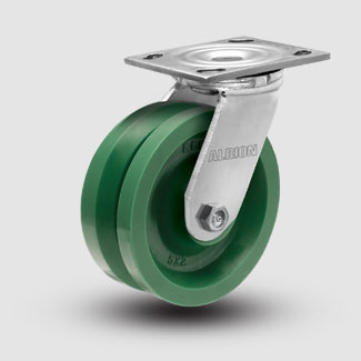 Caster; Swivel; 4\" x 2\"; V Groove (7/8\") Polyurethane; Plate (4\"x4-1/2\"; holes: 2-5/8\"x3-5/8\" slots to 3\"x3\"; 3/8 bolt); Roller Brng; 350#; USA-Made; Warranty (Item #66758)